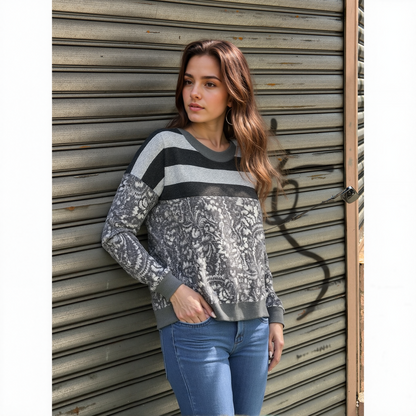 Sweater-like Print Top - Dark Grey Stripe Flower (D90101)