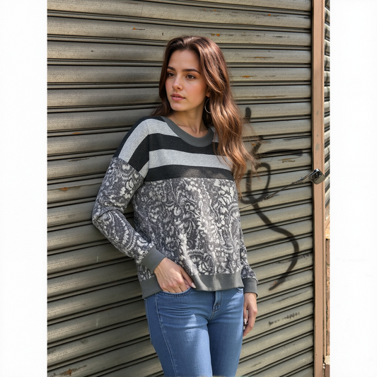 Sweater-like Print Top - Dark Grey Stripe Flower (D90101)