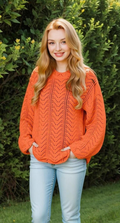 Scallop Stitch Crew Neck Sweater -- Orange (D9343)