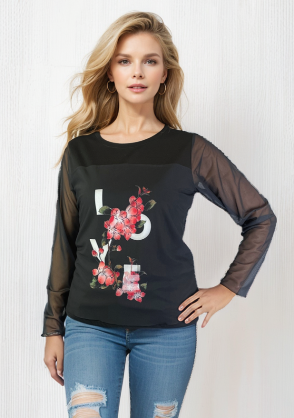 Mesh L/S Knit Print Top w Mesh Printed Overlay D9601L