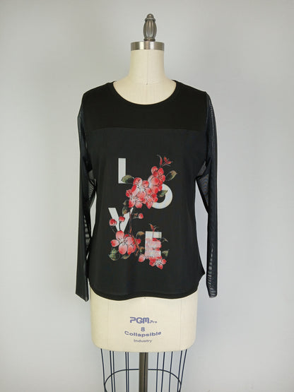 Mesh L/S Knit Print Top w Mesh Printed Overlay D9601L