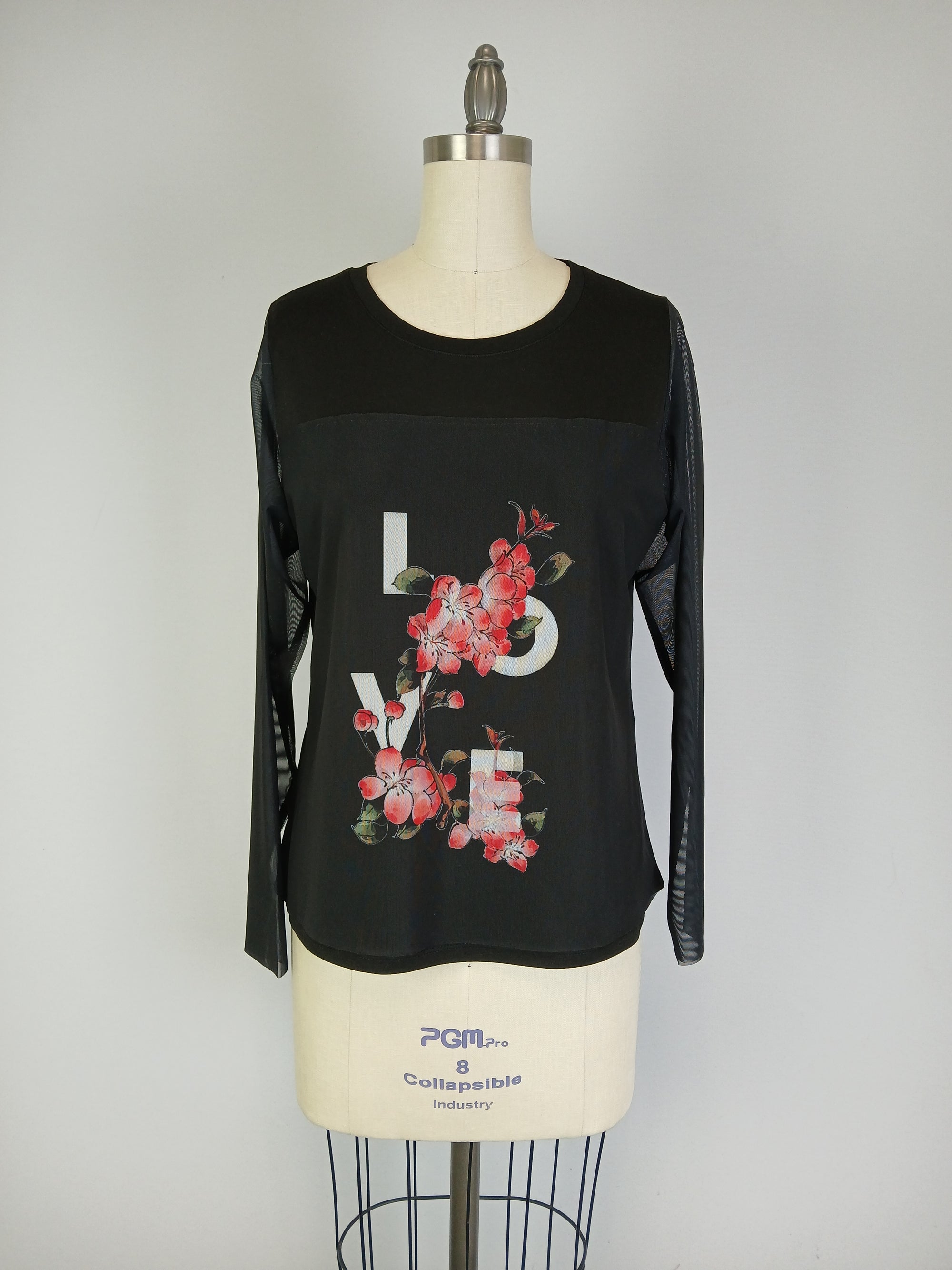 Mesh L/S Knit Print Top w Mesh Printed Overlay D9601L