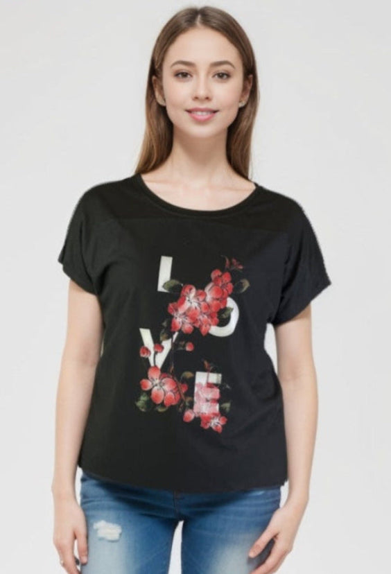 Knit Print Top with Mesh Printed Overlay S/S (D960L)