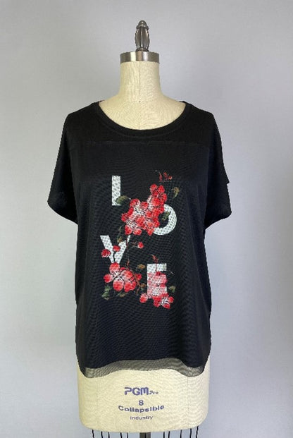 Knit Print Top with Mesh Printed Overlay S/S (D960L)