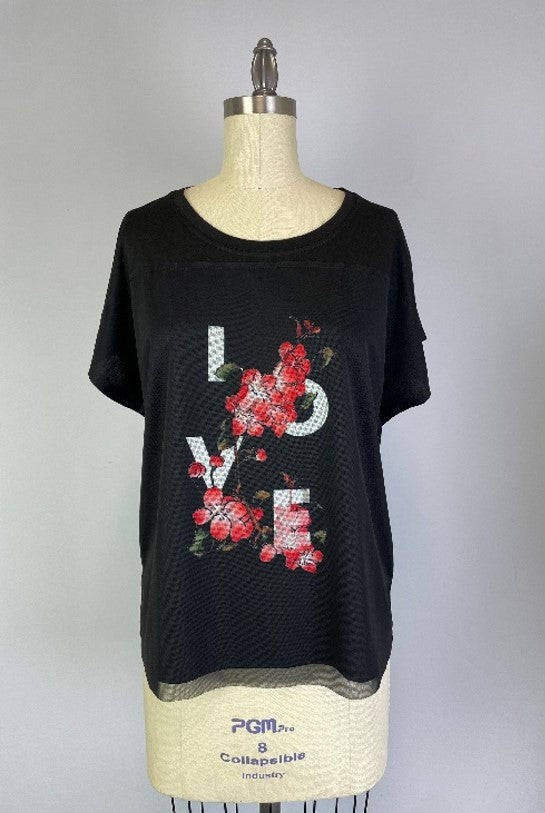 Knit Print Top with Mesh Printed Overlay S/S (D960L)