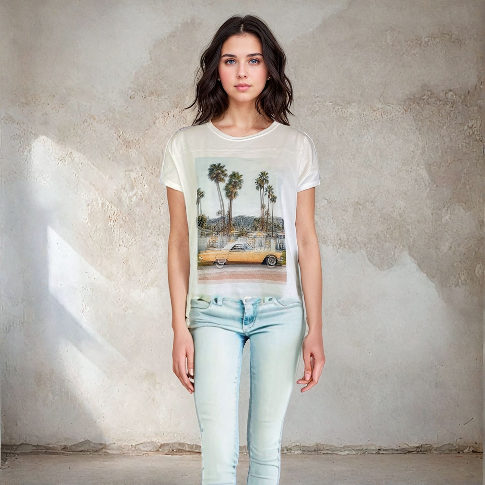 Knit Print Top with Mesh Printed Overlay S/S (D960RC)