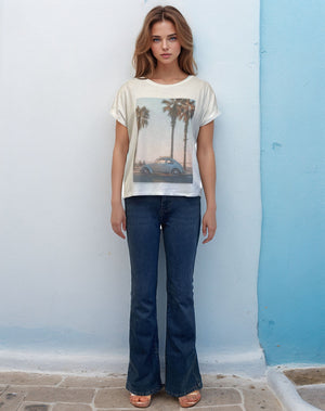 Knit Print Top with Mesh Printed Overlay S/S (D960RV)