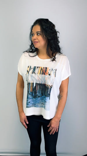 Knit Print Top with Mesh Printed Overlay S/S (D960SV)