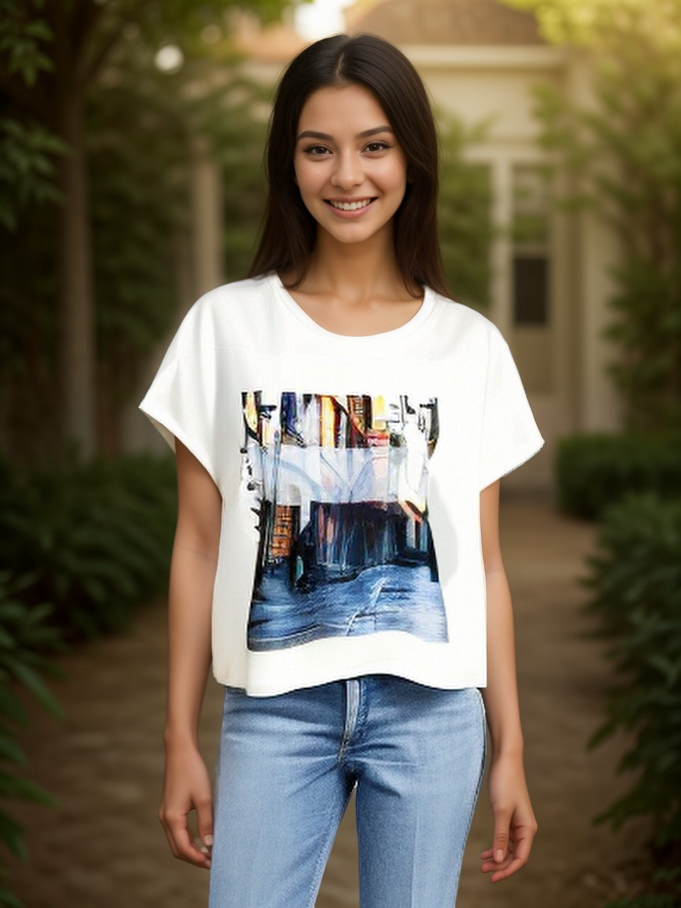 Knit Print Top with Mesh Printed Overlay S/S (D960SV)