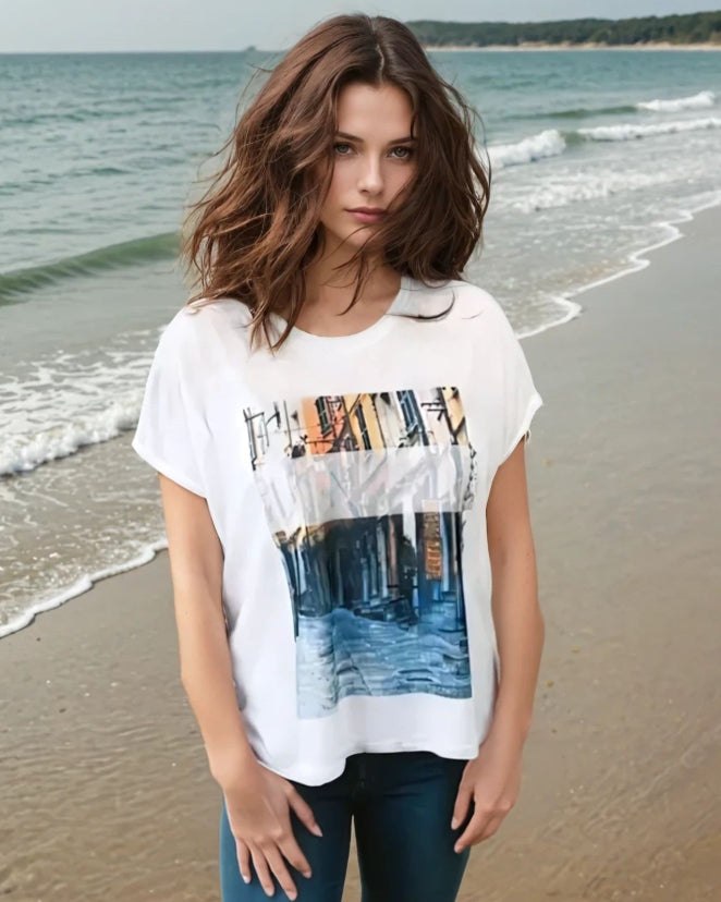 Knit Print Top with Mesh Printed Overlay S/S (D960SV)