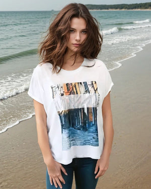 Knit Print Top with Mesh Printed Overlay S/S (D960SV)