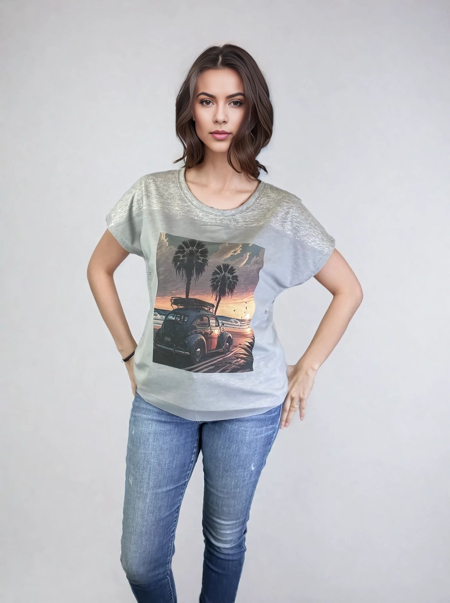 Knit Print Top with Mesh Printed Overlay S/S (D960WS)