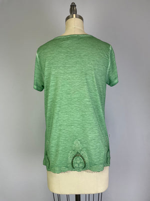 Short Sleeve Oil Dye Embroidered Hem Top (D190242) Agave
