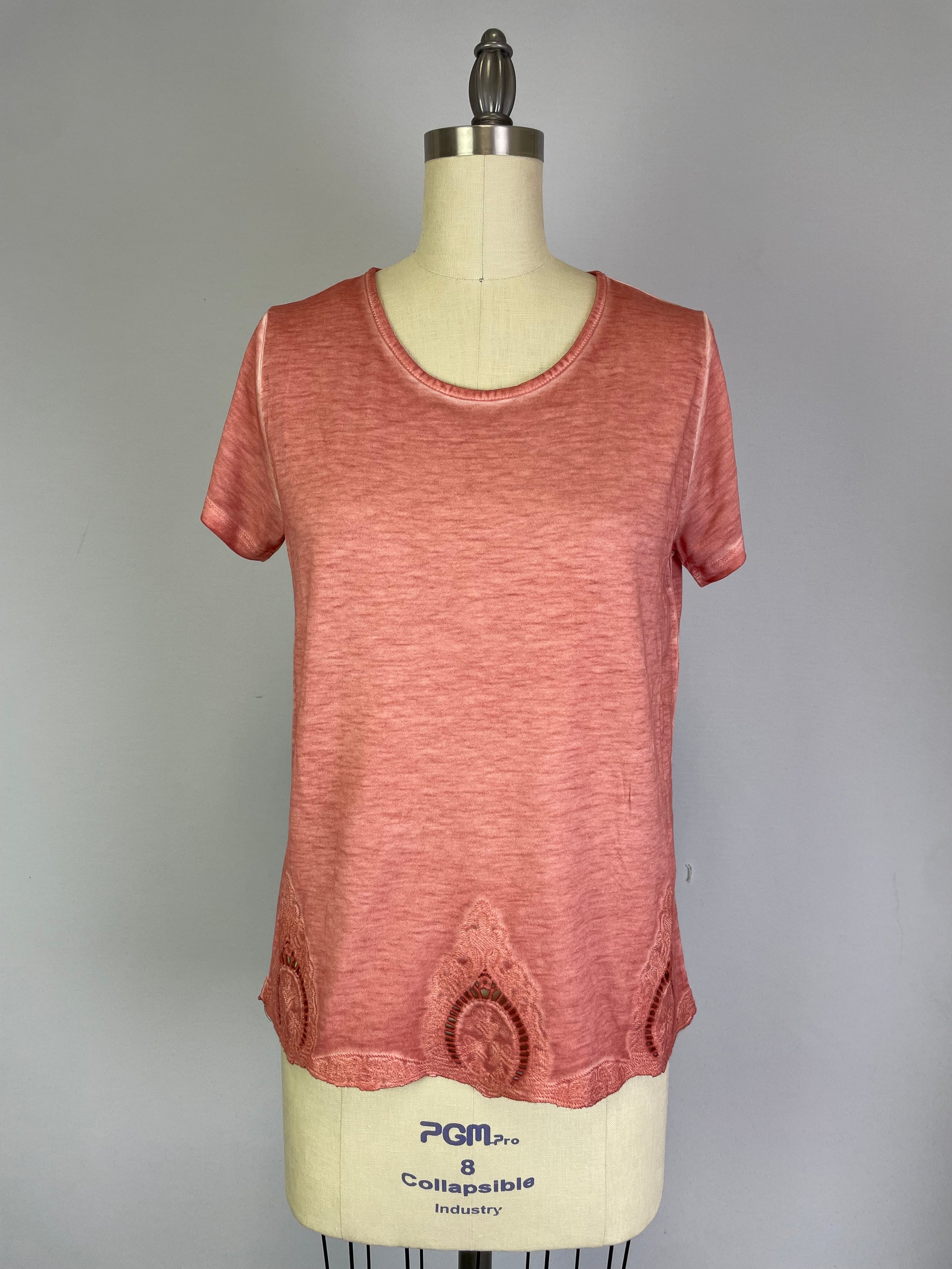 Short Sleeve Oil Dye Embroidered Hem Top (D190242) Sahara Sky