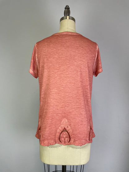 Short Sleeve Oil Dye Embroidered Hem Top (D190242) Sahara Sky