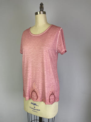 Short Sleeve Oil Dye Embroidered Hem Top (D190242) Cashmere Rose