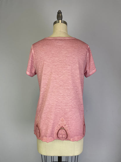 Short Sleeve Oil Dye Embroidered Hem Top (D190242) Cashmere Rose