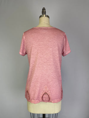 Short Sleeve Oil Dye Embroidered Hem Top (D190242) Cashmere Rose