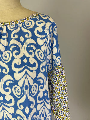 Twin Print Woven Raglan Sleeve Blouse (D27836) Bodrum Blue