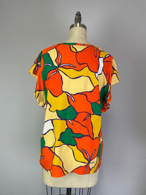 Print Woven Top w Flutter Sleeve Orange Print (D27833R)