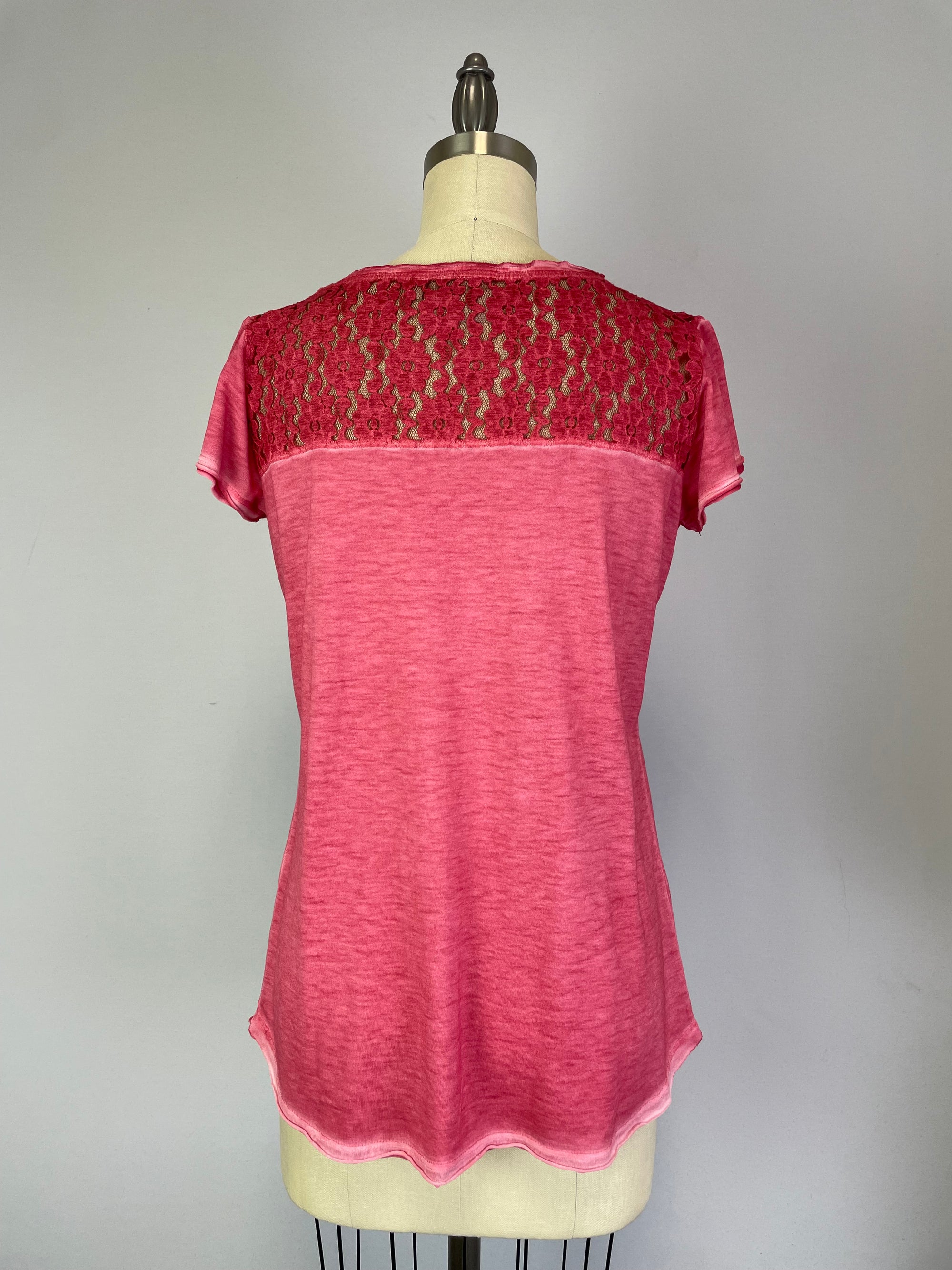 Oil Dye Lace Back Yoke Top (D190682) Holly Berry S/S