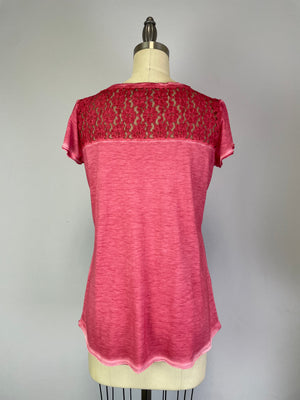 Oil Dye Lace Back Yoke Top (D190682) Holly Berry S/S