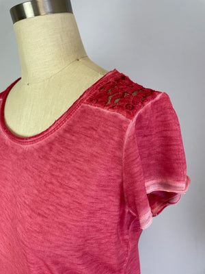 Oil Dye Lace Back Yoke Top (D190682) Holly Berry S/S