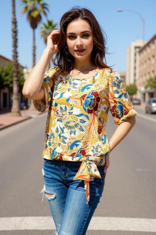 Puff Sleeve Blouse w Banded Bottom -- Flower Print (D26872R)