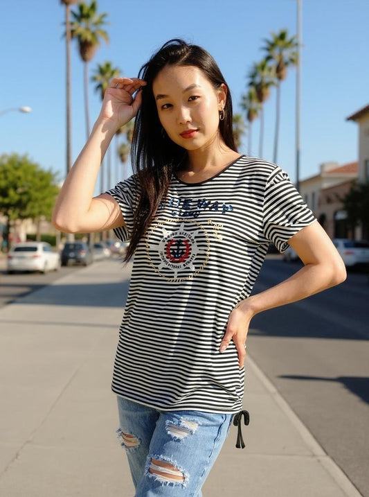 Embroidered Top w extended shoulder -- Navy White S/S (D28663A)