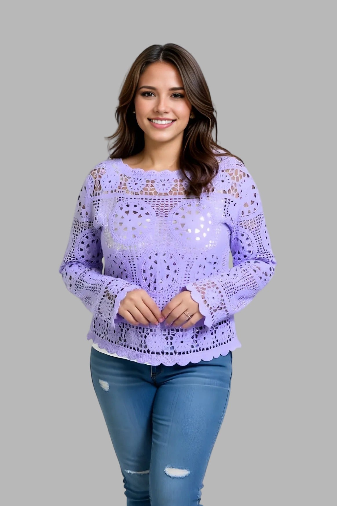 Boatneck Crochet Sweater (D3010) Lavender