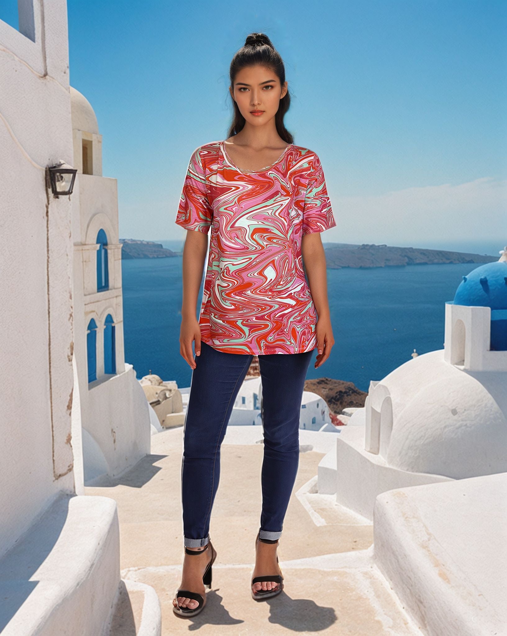 Short Sleeve Knit Printed Top with Neck stitching detail (D27749) Pink Swirl