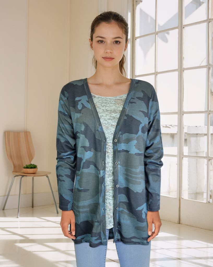 Camo Button Up Boyfriend Cardigan - Tapestry Camo (D190361)