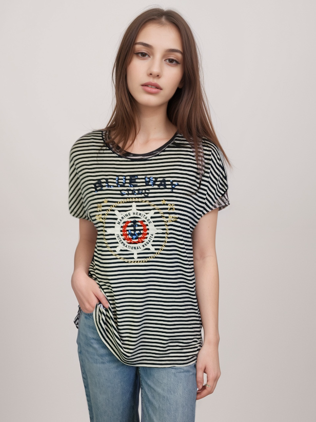 Embroidered Top w extended shoulder -- Navy White S/S (D28663A)