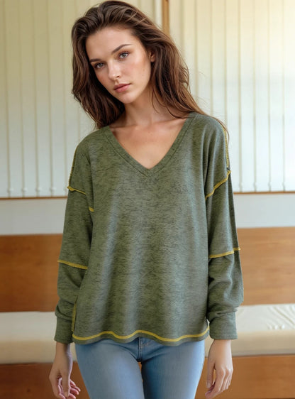 Sweater-like V Neck Top - Khaki green (D190713)