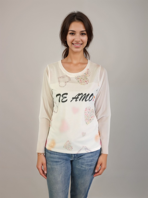 Mesh L/S Knit Print Top w Mesh Printed Overlay D9601TA
