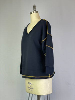 V-Neck and Contrast Stitching Sweatshirt -- Navy (Y552)