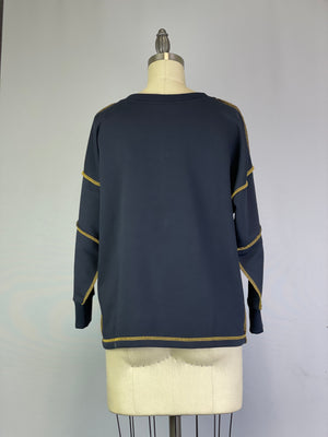 V-Neck and Contrast Stitching Sweatshirt -- Navy (Y552)