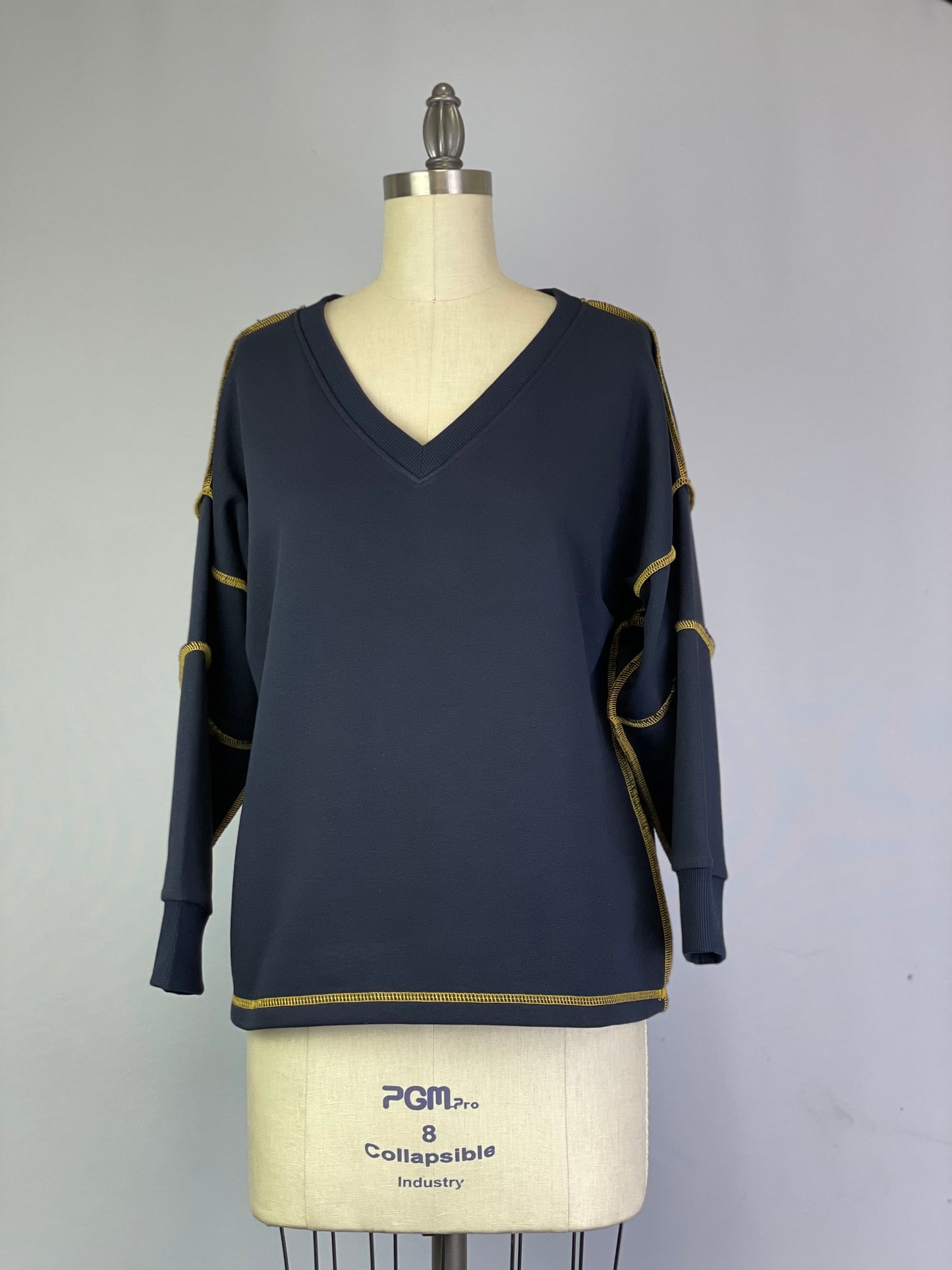 V-Neck and Contrast Stitching Sweatshirt -- Navy (Y552)