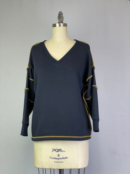 V-Neck and Contrast Stitching Sweatshirt -- Navy (Y552)