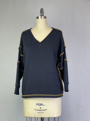 V-Neck and Contrast Stitching Sweatshirt -- Navy (Y552)