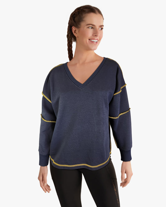 V-Neck and Contrast Stitching Sweatshirt -- Navy (Y552)