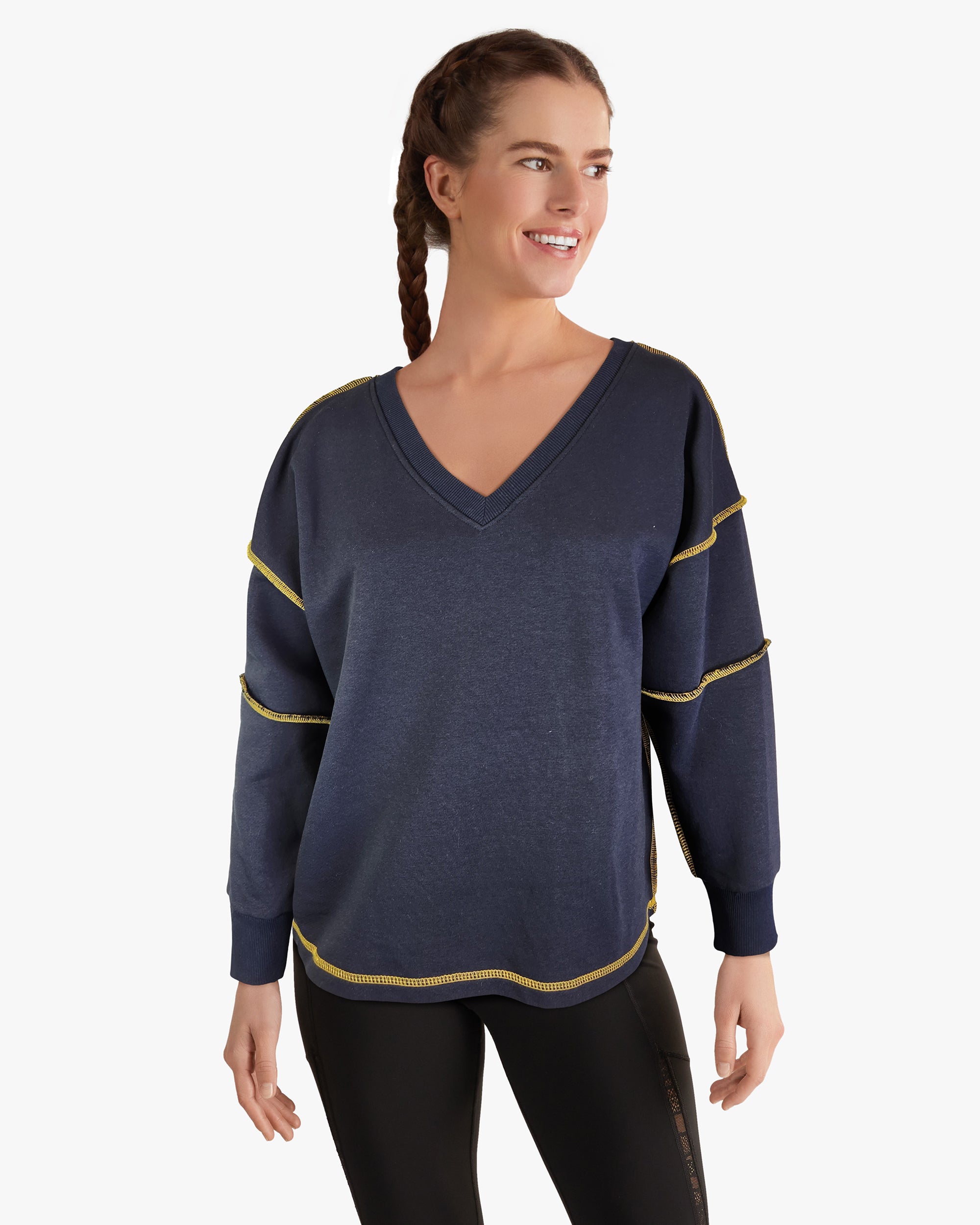 V-Neck and Contrast Stitching Sweatshirt -- Navy (Y552)