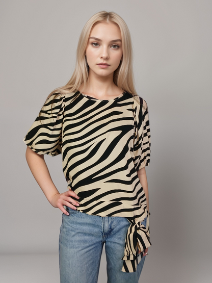 Puff Sleeve Blouse w Banded Bottom -- Zebra Print (D26872R)
