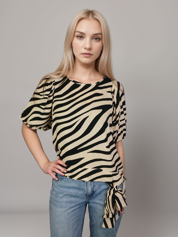 Puff Sleeve Blouse w Banded Bottom -- Zebra Print (D26872R)