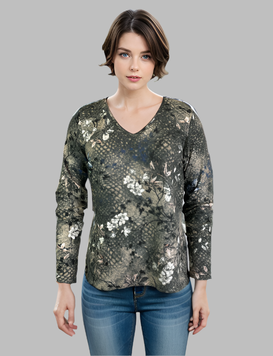 Sweater-like V Neck Print Top - Flower (D24556Y)