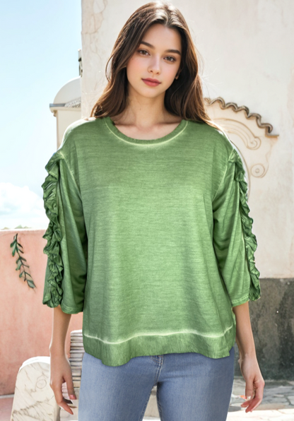 Oil Dye Top with sleeve Ruffle Detail (D1932RR) Agave