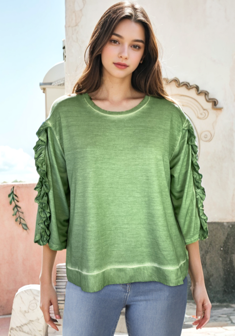Oil Dye Top with sleeve Ruffle Detail (D1932RR) Agave