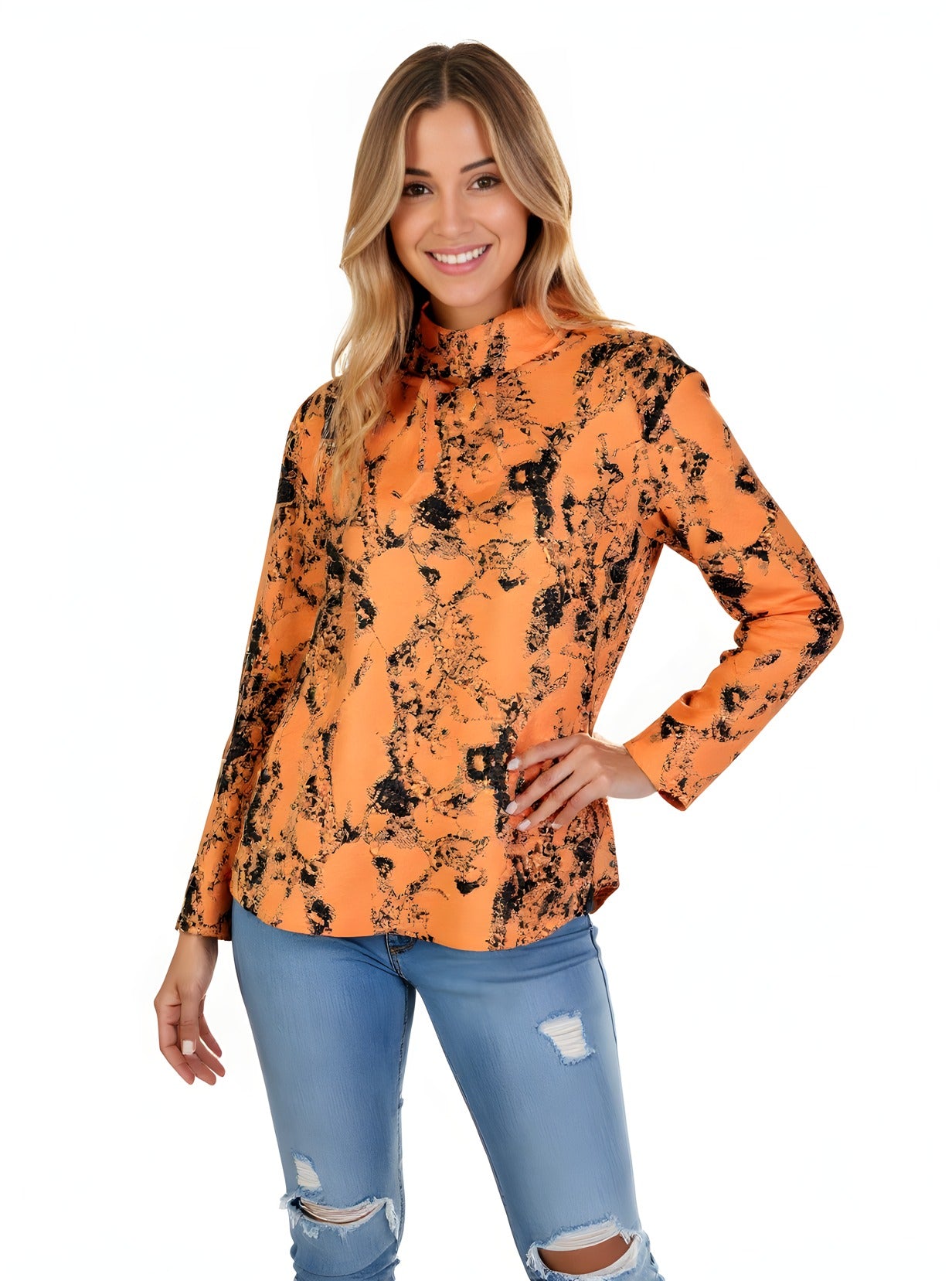 Cowl Neck Drawstring Jacquard Sweater-like Top - (D27080)