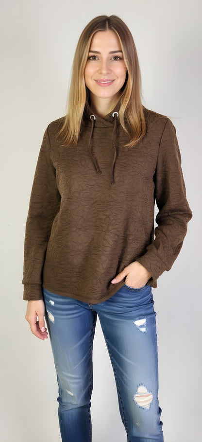 Quilted L/S High Collar Top -- D28367 Walnut