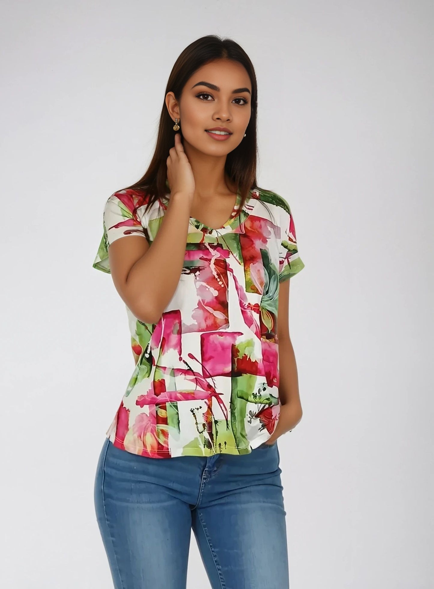 Printed Knit Top -- Pink Floral Design S/S (D28808)
